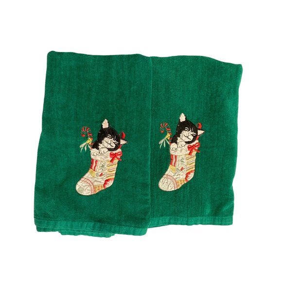 Vintage Christmas Cat In Stocking Green Bath Towel R.A. Briggs Set Of 2 - Picture 1 of 7